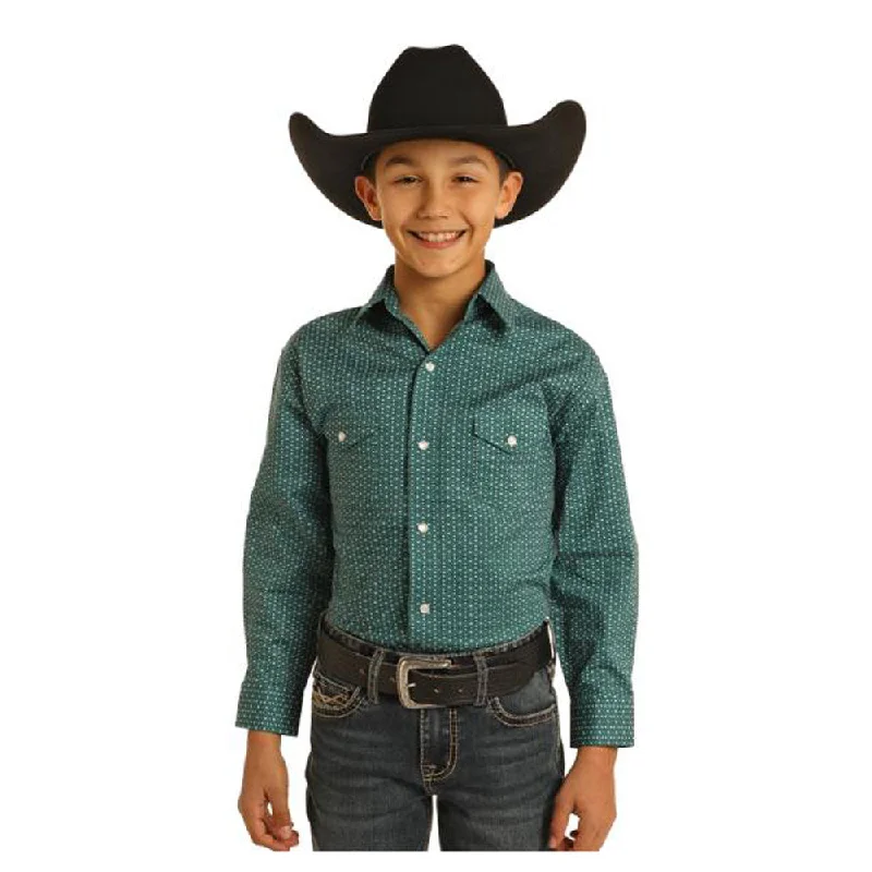 Suede women's topsRBN2S05094 Rock & Roll Boys' Long Sleeve Western Snap Shirt - Turquoise Print