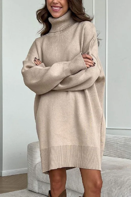 Cotton dresses for everyday wearCasual Turtleneck Long Sleeve Shift Winter Oversized Sweater Mini Dress - Khaki