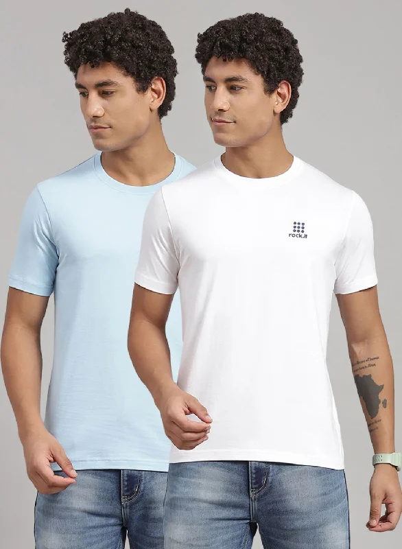 short-sleeved tops for men worn with chinosMen Blue Solid T-Shirt 2 Pc