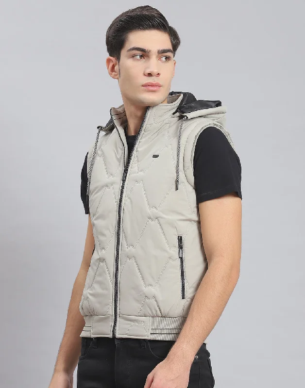 men's car coats with side ventsMen Beige Solid Hooded Sleeveless Jacket