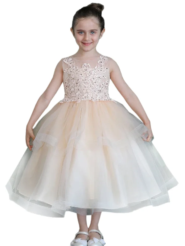 Sleeveless dresses for womenBig Girls Champagne Illusion Neckline Lace Organza Junior Bridesmaid Dress 8-16
