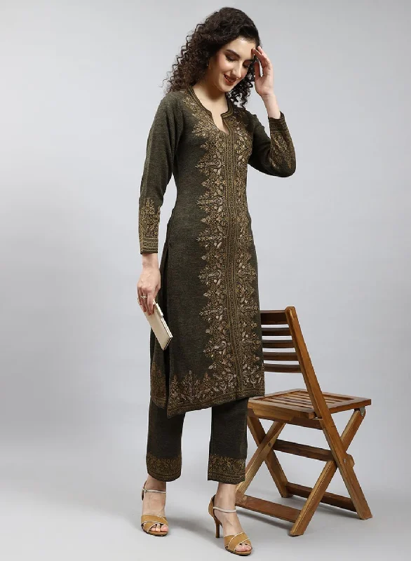 Party women's mini-skirtsWomen Green Self Design Kurti+Lower Set for Winter