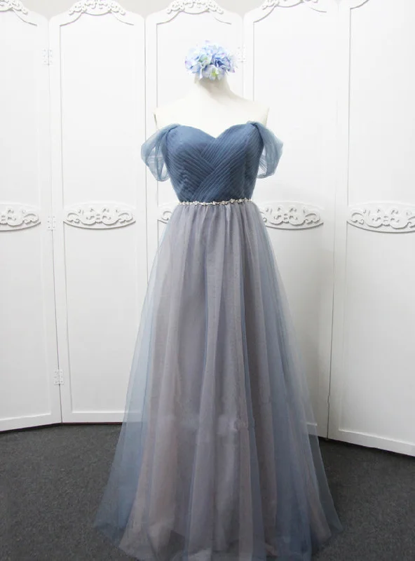 Strapless dresses for womenOff The Shoulder Grey Tulle Bridesmaid Dess