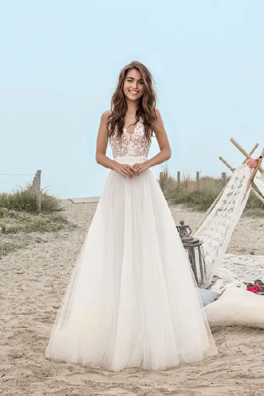 Godet dresses for womenRoycebridal Boho Tulle Lace A-line V-neck Floor Length Beach Wedding Dresses, MW673
