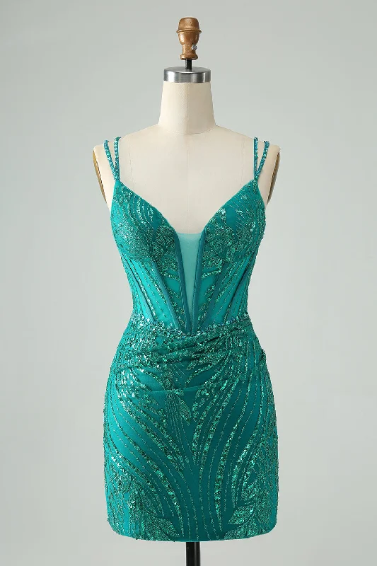 Mother-of-the-bride dressesClassy Dark Green Bodycon Spaghetti Straps Corset Sequin Short Homecoming Dress Mother-of-the-bride dressesClassy Dark Green Bodycon Spaghetti Straps Corset Sequin Short Homecoming Dress