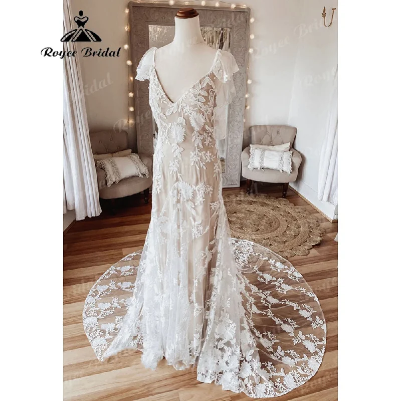 Bohemian women's dressesVintage Behemian Boho Full Lace Backless Beach Wedding Dress with V Neck 2025 Bridal Gowns vestido de noiva simples Roycebridal