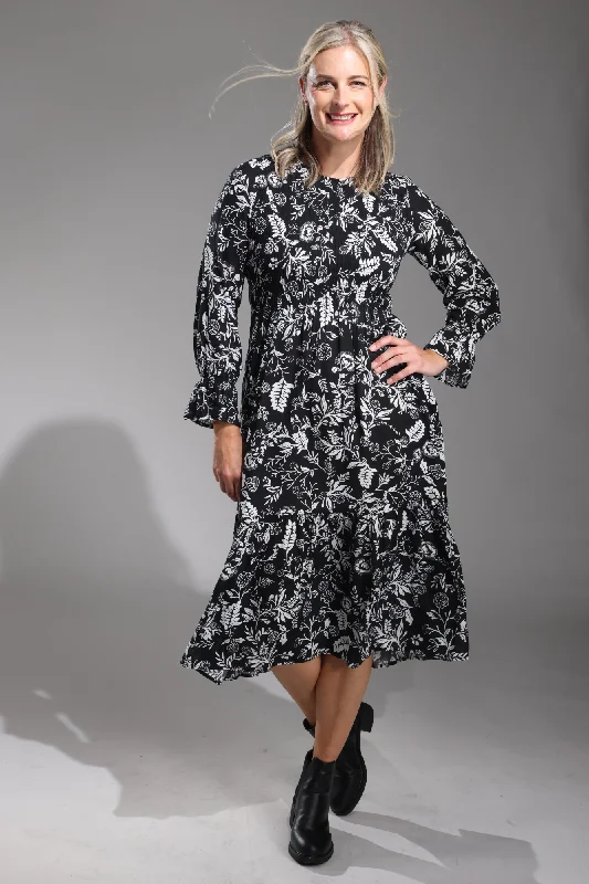 Petite dresses for womenShirred front Cotton Rayon Dress | Black Ivory Garden | 6542ZZ