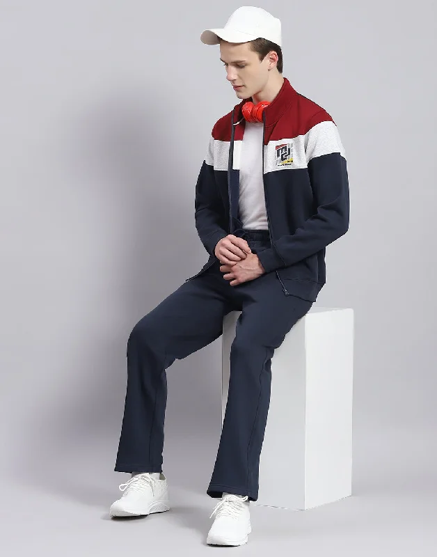men's nylon sports shirtsMen Navy Blue Solid Stand Collar Full Sleeve Tracksuit