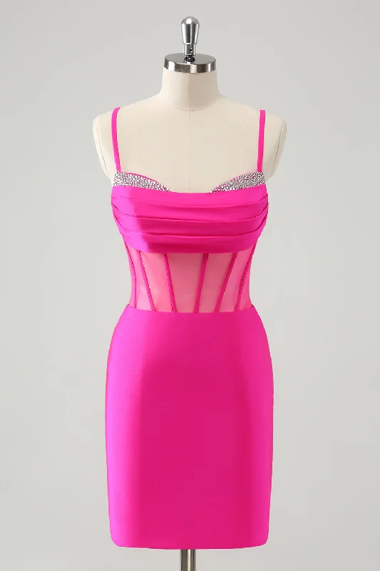 Day dresses for everyday wearChic Fuchsia Bodycon Pleated Corset Short Homecoming Dress with Beading