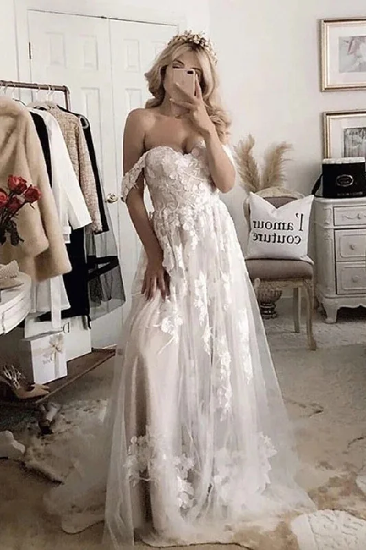 Maxi dresses for womenRoycebridal A-line Off-the-shoulder Applique Court Train Rustic Wedding Dress,MW506
