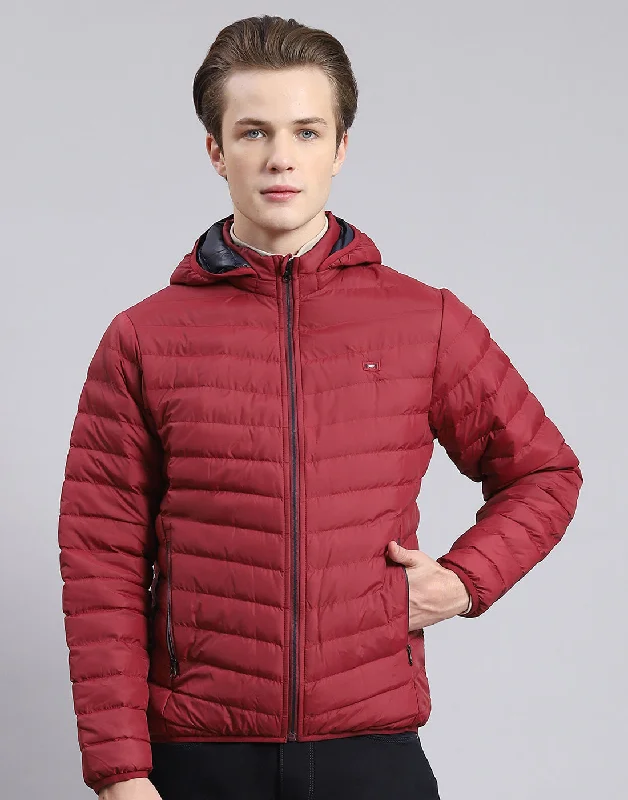 men's shearling-lined car coatsMen Maroon Solid Hooded Full Sleeve Jacket