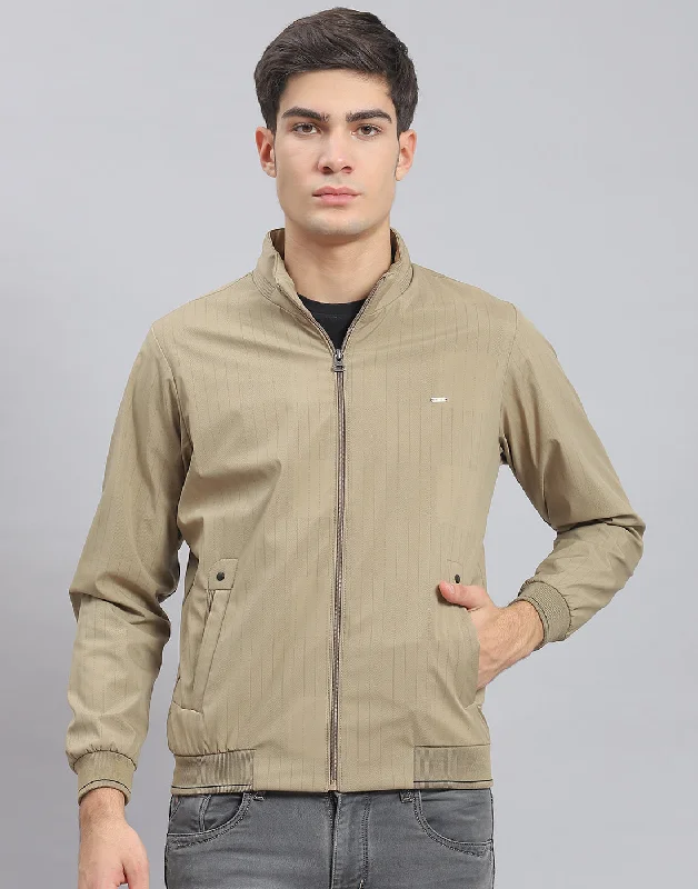 men's denim jackets with patchesMen Brown Stripe Stand Collar Full Sleeve Jacket