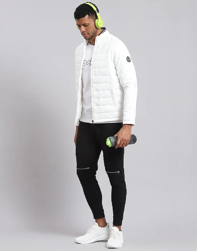 men's bomber jackets with embroideryMen White Solid Stand Collar Full Sleeve Jacket