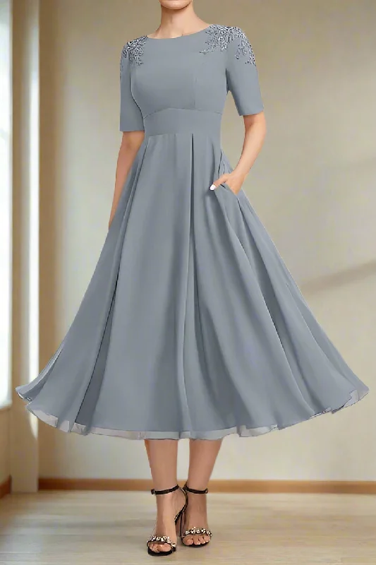 Batwing sleeve dresses for womenHalf Sleeve Tea Length Chiffon Dusty Blue Mother of the Bride Dress