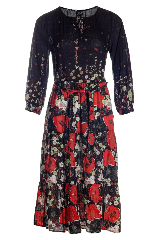 Patterned dresses for womenBorder print Cotton Blend Dress | Red Black Poppies | 6547AR