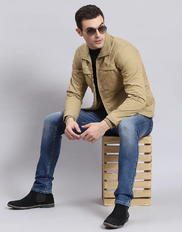 men's leather-trimmed Chesterfield coatsMen Khaki Solid Collar Full Sleeve Jacket