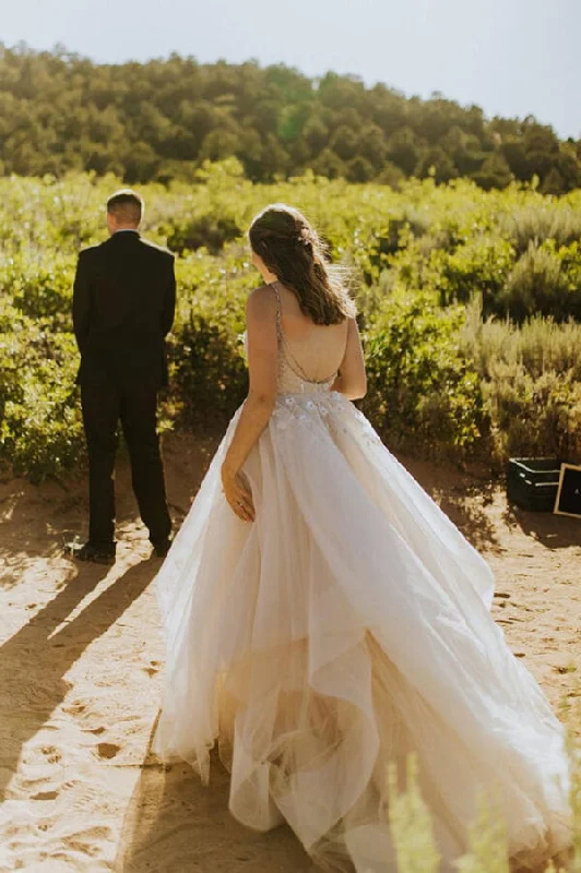 Round-neck dresses for womenRoycebridal Tulle Backless A-line Spaghetti Straps Cheap Wedding Dress, Bridal Gown, MW676