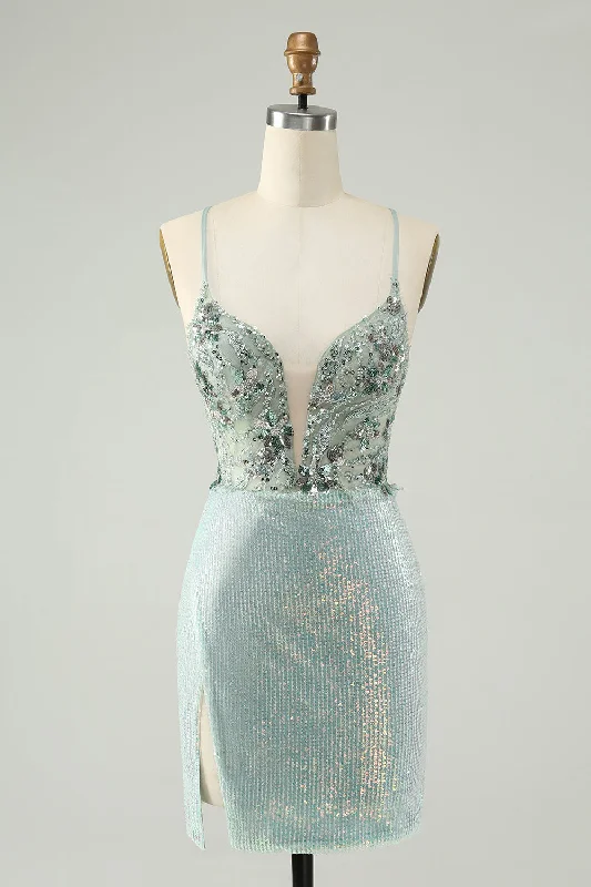 Off-the-shoulder dresses for womenSparkly Dusty Green Bodycon Spaghetti Straps Short Homecoming Dress with Sequins