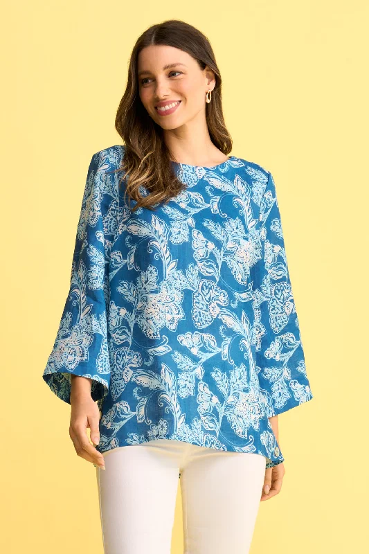 Machine-washable women's topsFrench Linen Button Detail Top - Blue Print