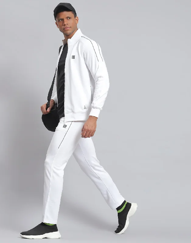 men's workout shirtsMen White Solid Stand Collar Full Sleeve Tracksuit