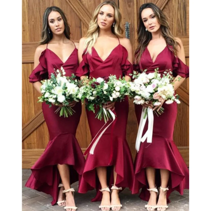Lantern sleeve dresses for womenNew Red Cold Shoulder Mermaid Prom Dress Tea Length Bridesmaid Dresses for Weddings LP470
