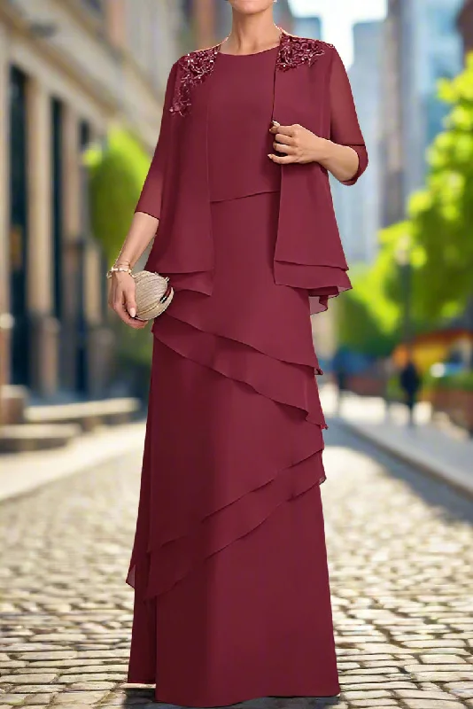 Sack dresses for women3/4 Sleeve Burgundy Two Piece A-Line Mother of the Bride Dress