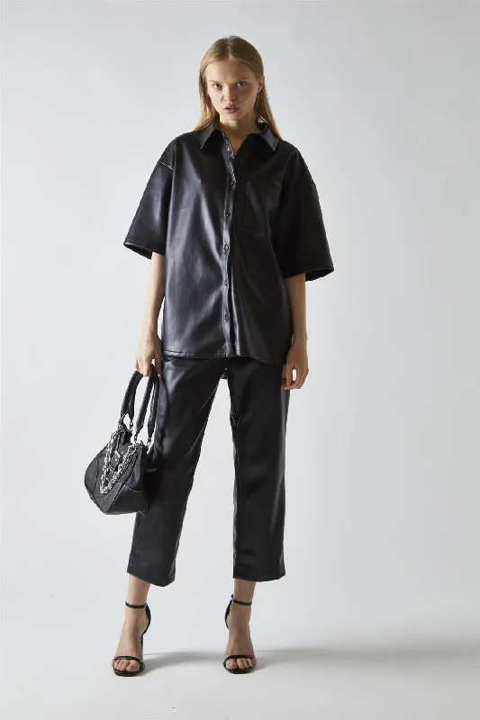 Tall women's topsBlack-PU Boxy Oversized-Shirt