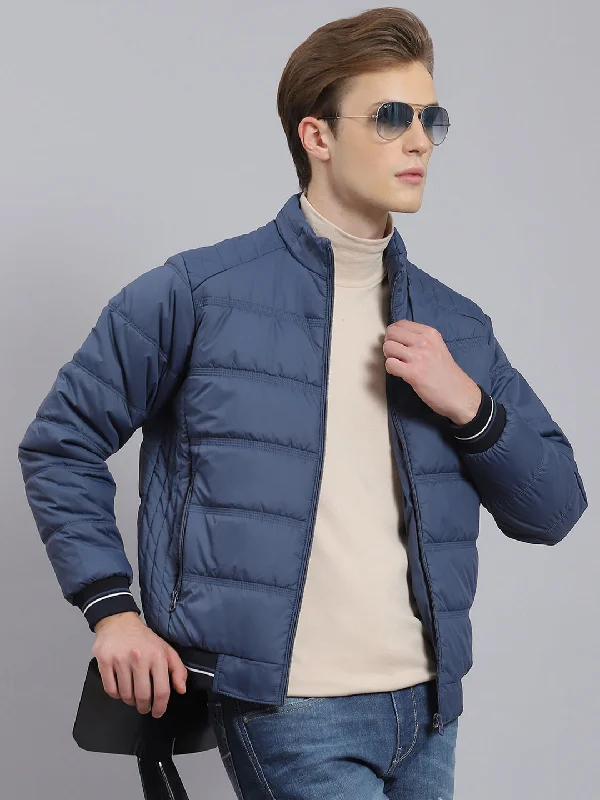 men's insulated parkasMen Navy Blue Solid Stand Collar Full Sleeve Jacket