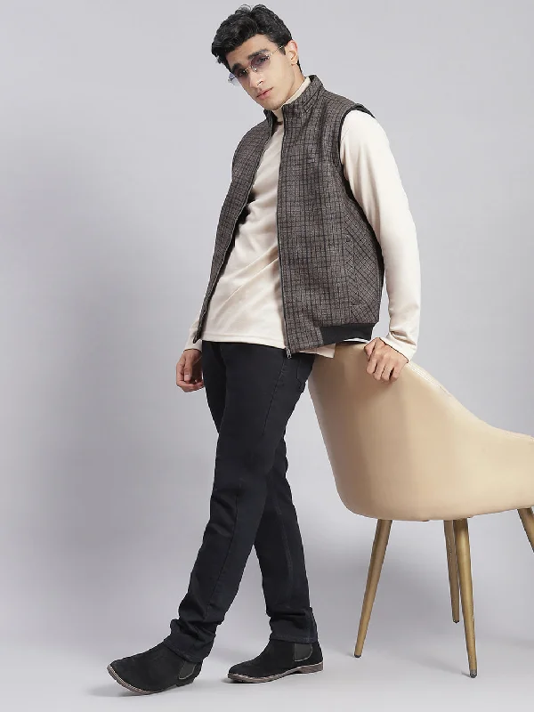 men's peacoats with double-breasted buttonsMen Brown Check Stand Collar Sleeveless Jackets