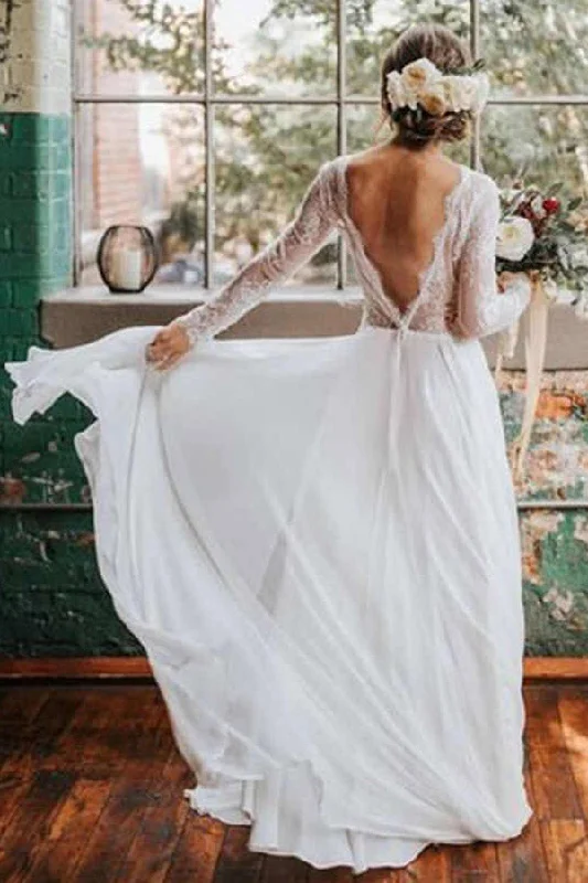 Ruched dresses for womenRoycebridal Romantic Boho Long Sleeve Beach Lace Backless Wedding Dress,MW294