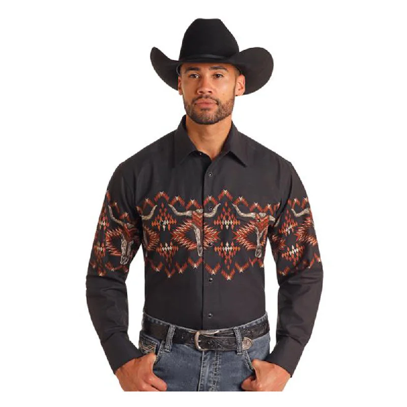 Winter women's topsSMN2S06048 Panhandle Men's Skull Aztec Long Sleeve Border Snap Shirt - Black