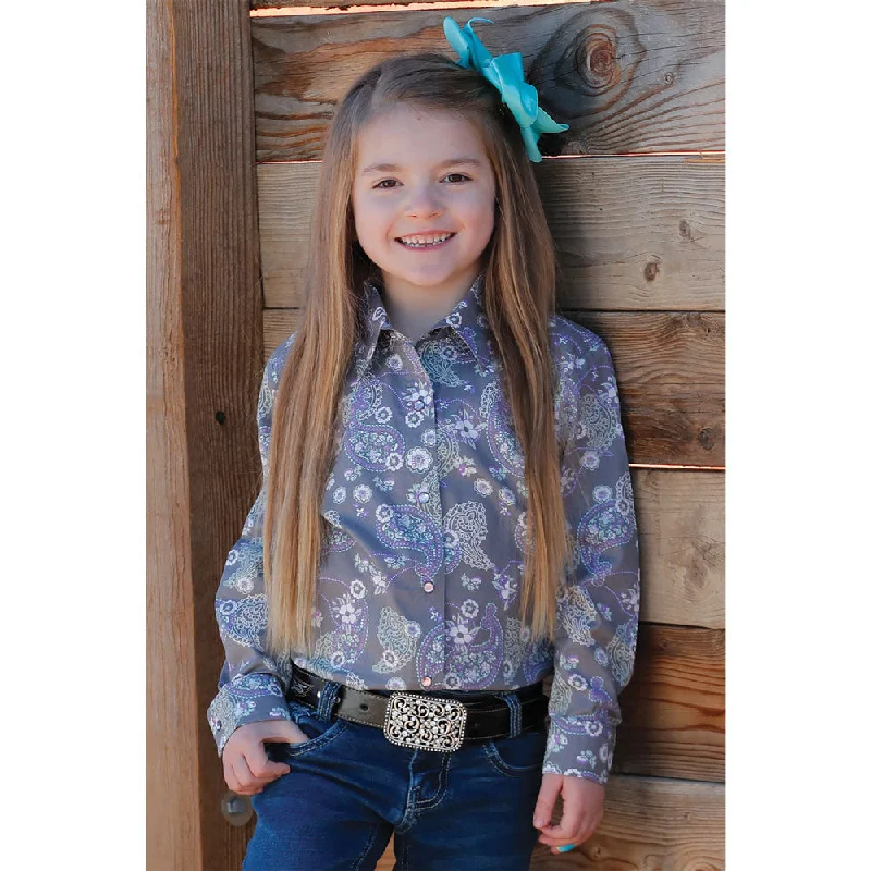 High-low hem women's topsCTW8040009 Cruel Girl Girls Long Sleeve Western Snap Shirt - Grey Purple Paisley Print