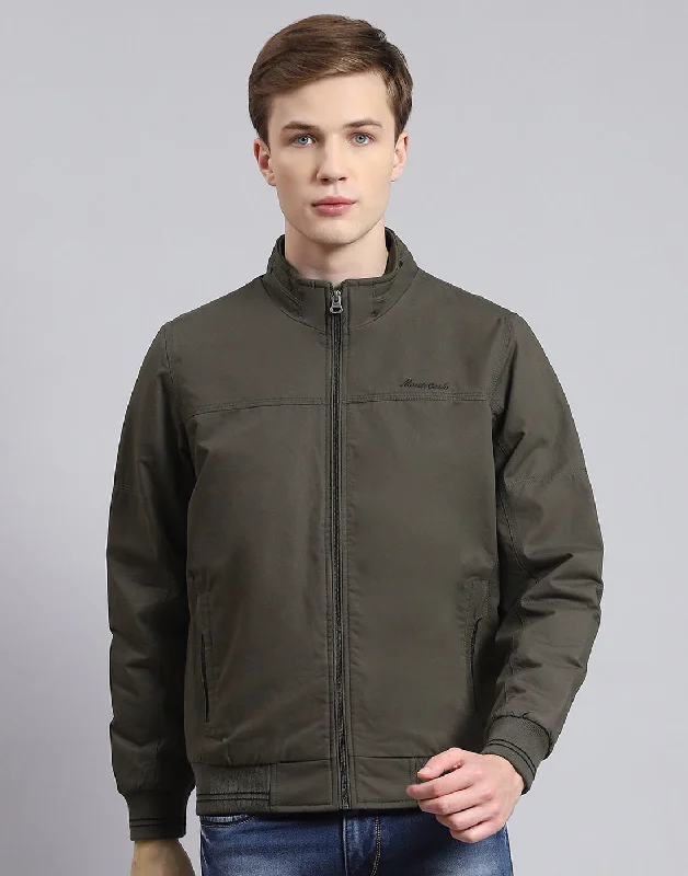 men's leather jackets with pocketsMen Olive Solid Stand Collar Full Sleeve Jacket