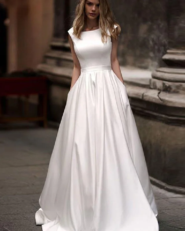 Chiffon dresses for womenIvory/White Boat Neck A Line Satin Elegant Wedding Dress,Women Bride Gown WD0804
