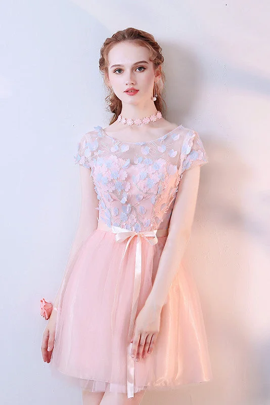 Beach dresses for casual outingsPink A-Line Tulle Cap Sleeves Short Homecoming Dresses With Flowers OKC59