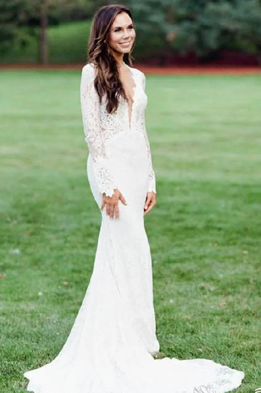 Sweetheart neckline dresses for womenRoycebridal Mermaid Ivory Backless Long Sleeve Lace Wedding Dresses ,MW283
