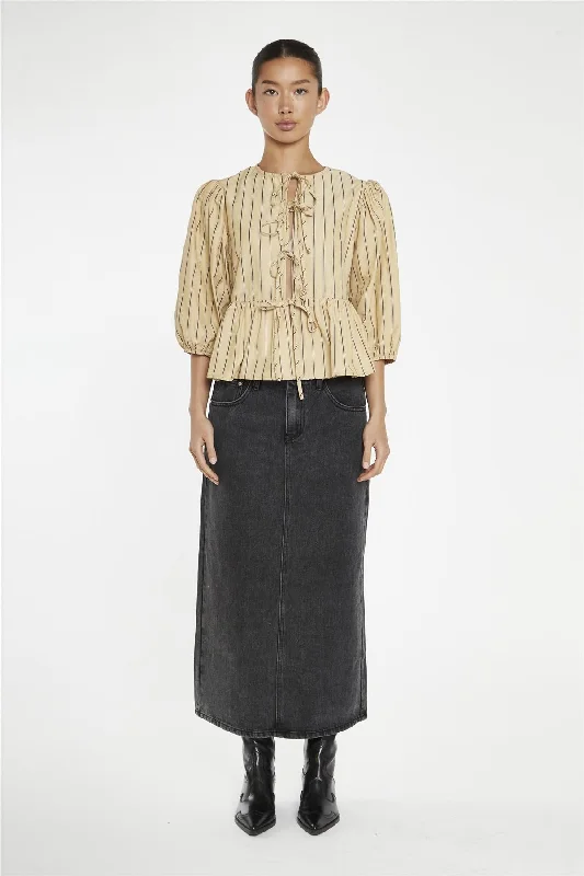 Machine-washable women's topsBeige-Brown Stipe Tie-Front Top
