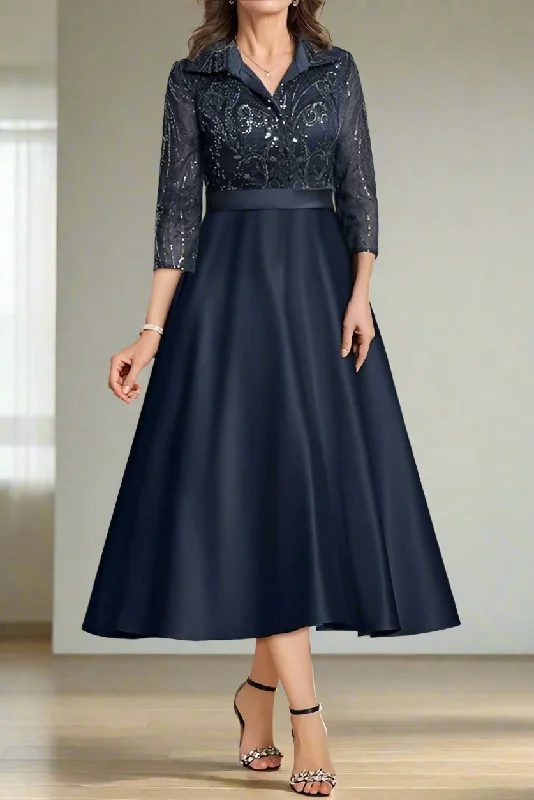 Silk dresses for womenFormal Elegant Shirt Collar Tea Length A-Line Mother of the Bride Dress
