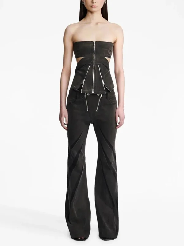 One-shoulder women's topsBlack Denim Tube Top & Patch Jeans Two Piece Set