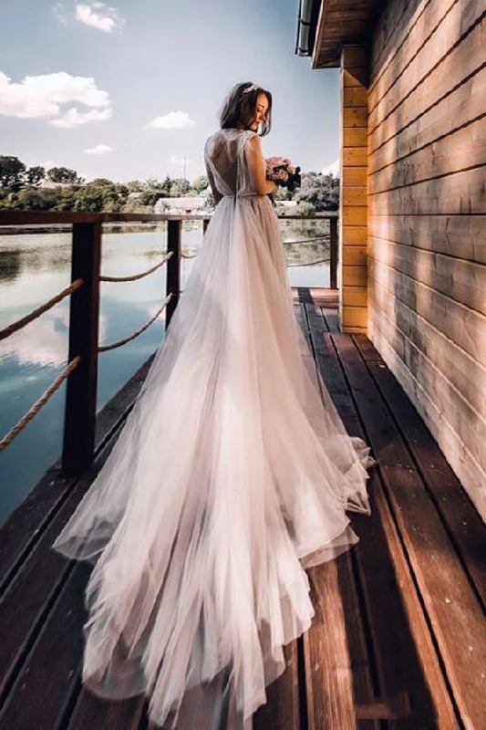 Strapless dresses for womenRoycebridal Silver Tulle Rustic Cap Sleeves Boho Wedding Dresses, Wedding Gown, MW677