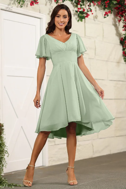 Patterned dresses for womenShort Sleeves Chiffon V Neck Knee Length Bridesmaid Dresses