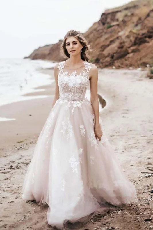 Sheath dresses for womenRoycebridal Vintage A Line Tulle Lace Illustion Neckline Corset Back Wedding Dresses, MW508