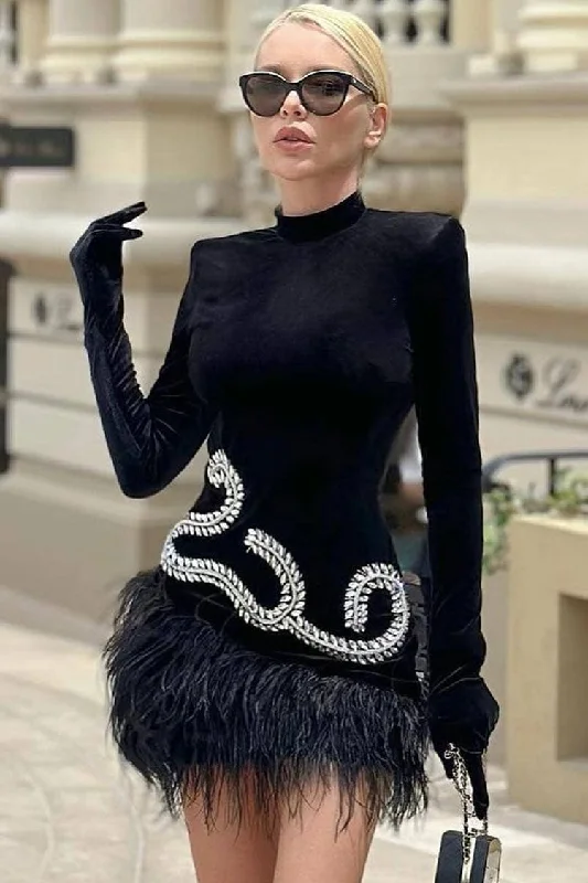 Plus-size dresses for womenSparkly Rhinestone Glove Long Sleeve Faux Feather Velvet Party Mini Dress - Black