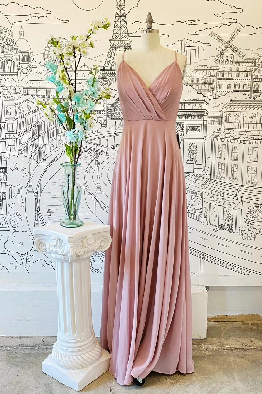 Denim dresses for womenPink V Neck Spaghetti Straps Pleated Chiffon Long Bridesmaid Dress