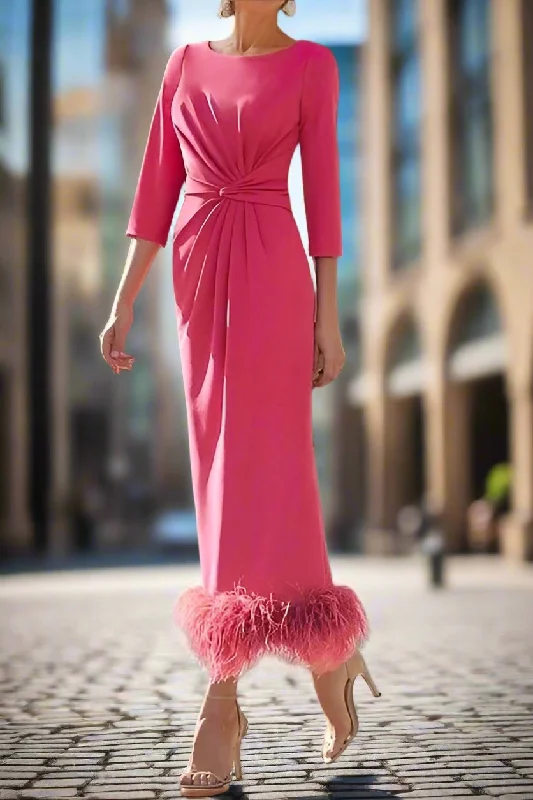 Low-cut dresses for womenHalf Sleeves Sheath Ankle Length Mother of the Bride Dress with Feathers