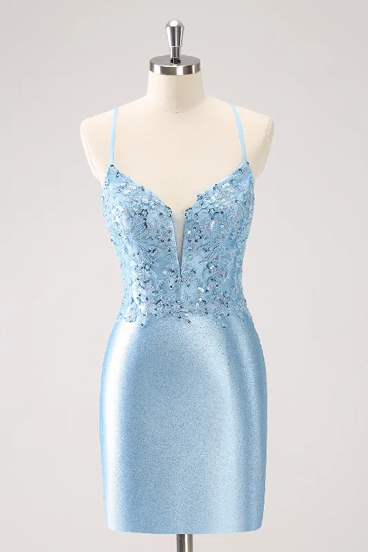 Halter dresses for womenBlue Bodycon Lace Up Back Sequin Short Homecoming Dress with Appliques