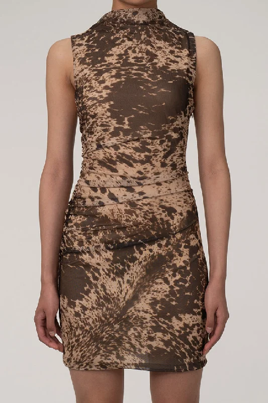 Lantern sleeve dresses for womenUnique Animal Print Mock Neck Sleeveless Mesh Gathered Party Mini Dress