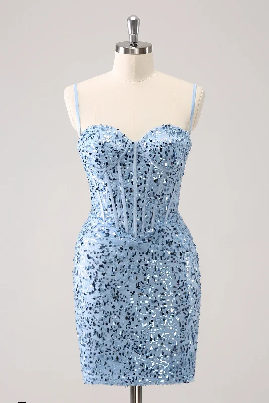 Leather dresses for womenStylish Blue Bodycon Spaghetti Straps Corset Short Homecoming Dress with Sequins