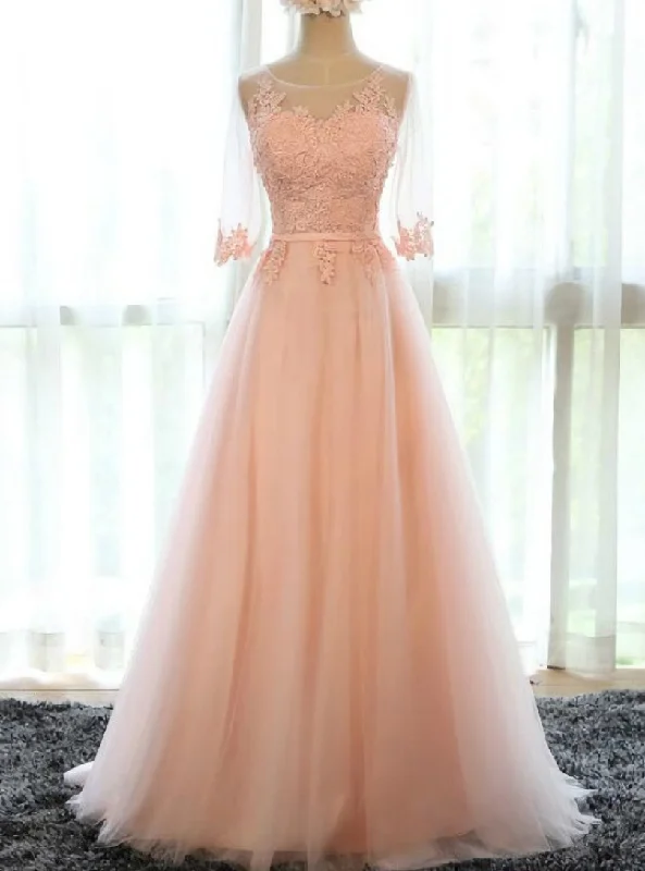Smock dresses for womenPink Tulle Lace Short Sleeve Bridesmaid Dress