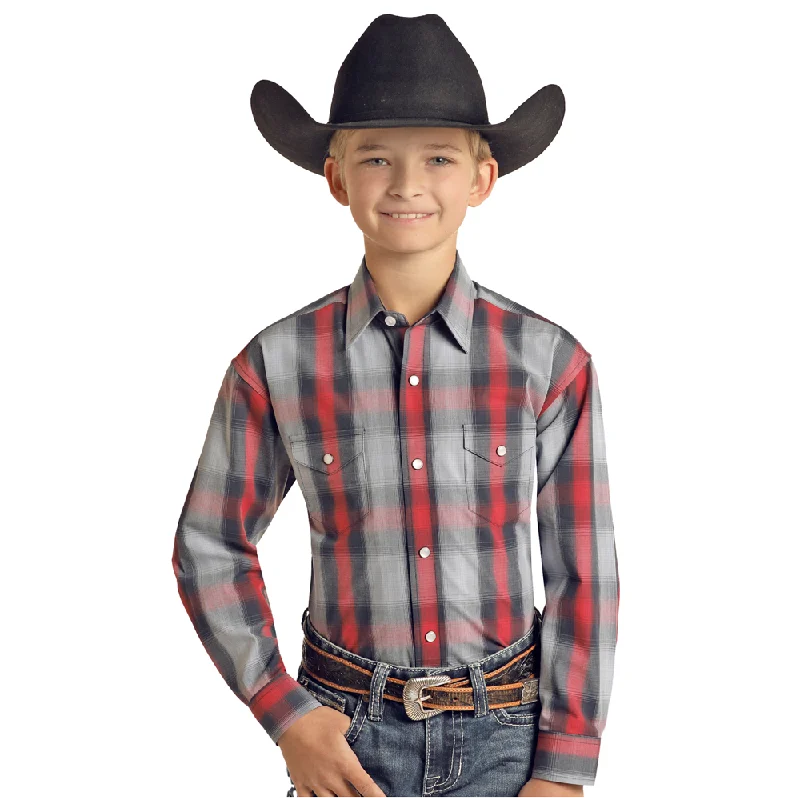 Machine-washable women's topsPSBSOSR07T Panhandle Select Boy's Long Sleeve Western Snap Shirt- Red & Blue Plaid